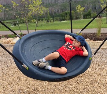 Ben chilling at the park in Fort McMurray, after weeks on the road running from The Beast!