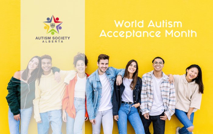 World Autism Acceptance Month. Group of young people standing against a yellow wall and smiling.