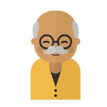 Illustration of an older man with grey hair, a mustache and glasses.