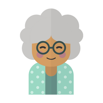 Illustration of an older woman with grey hair and glasses, smiling.