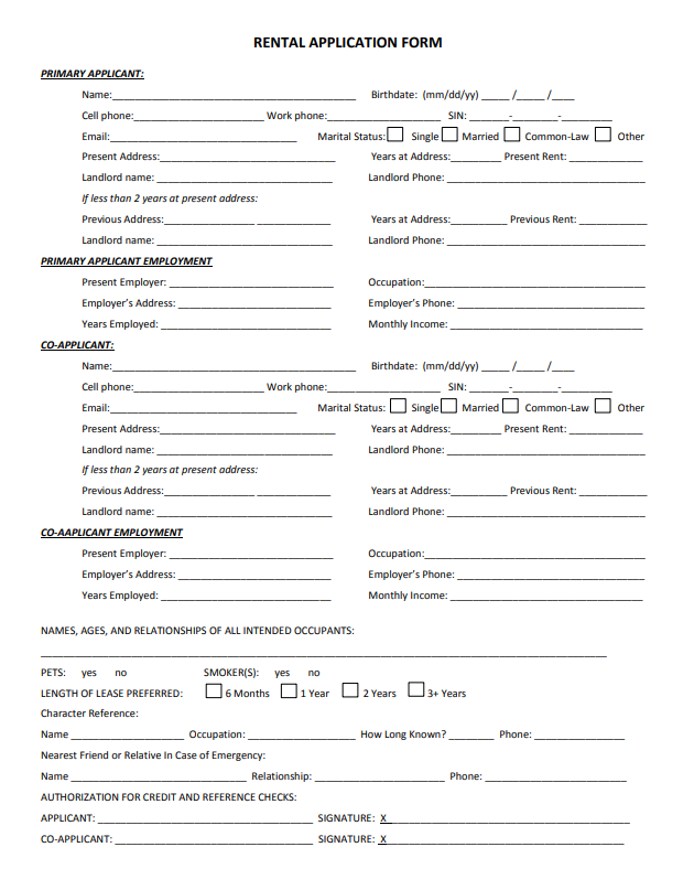 Rental application form that asks for information on the primary applicant such as name, contact information, birthdate, previous address(es), a character reference, and the same information for a co-applicant if applicable.